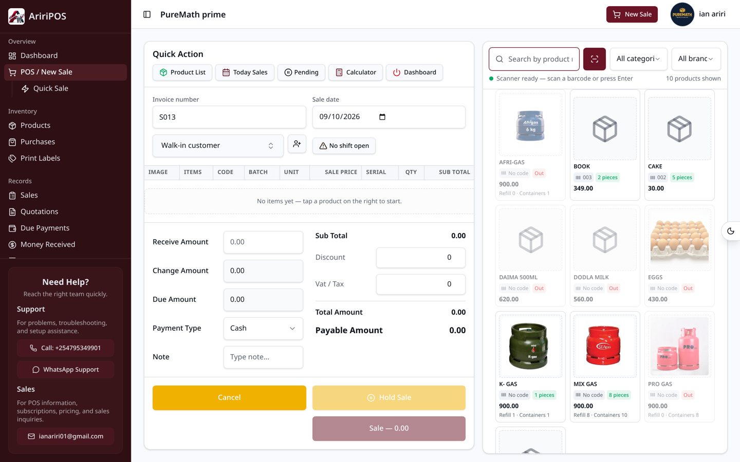 AririPOS point of sale checkout screen with product grid and payment totals