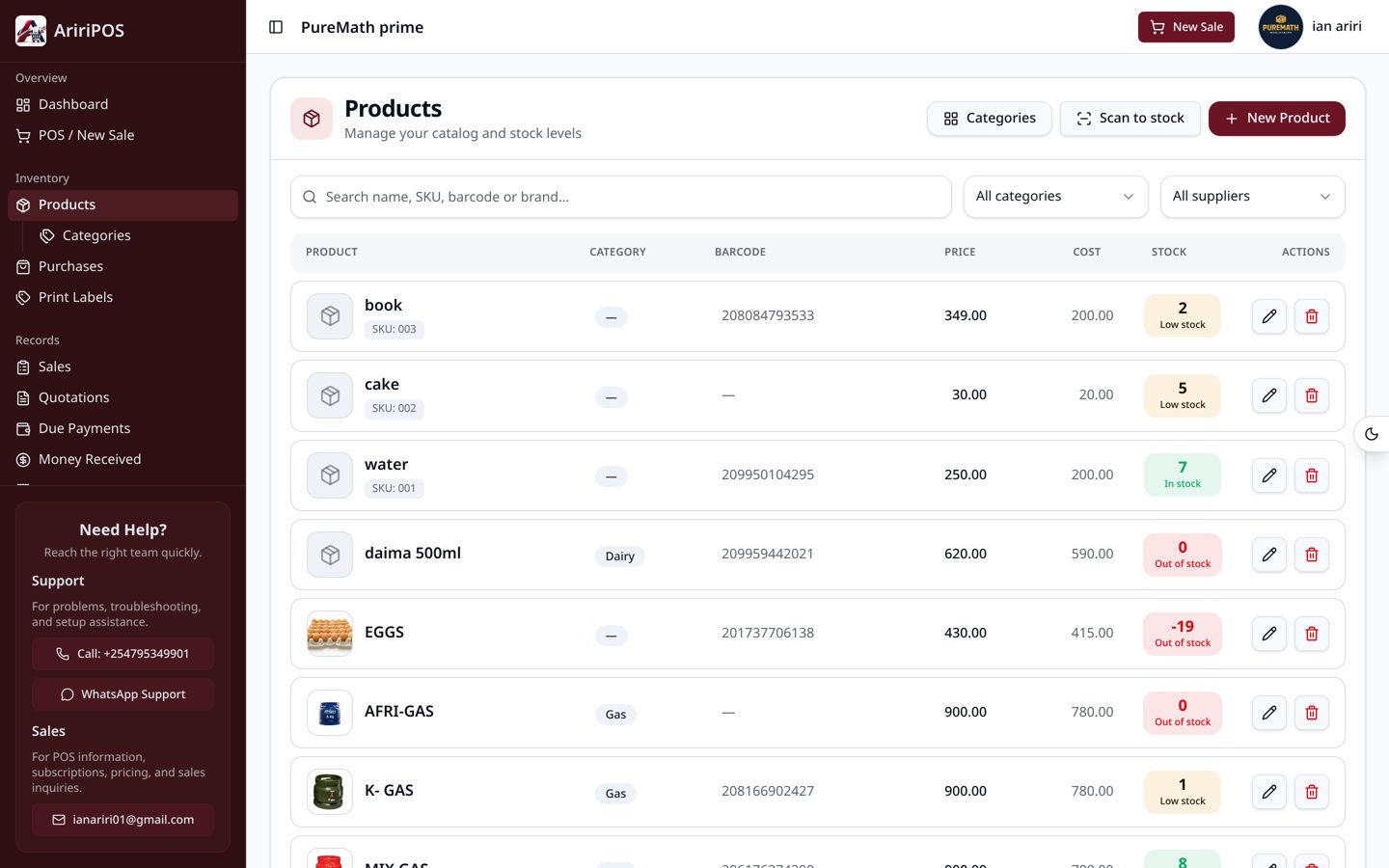 AririPOS products screen showing inventory list with prices and stock levels
